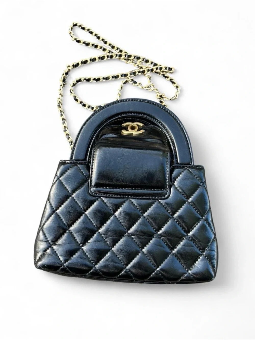 CHANEL Black Quilted Mini Top-Handle Bag with Gold Chain Strap